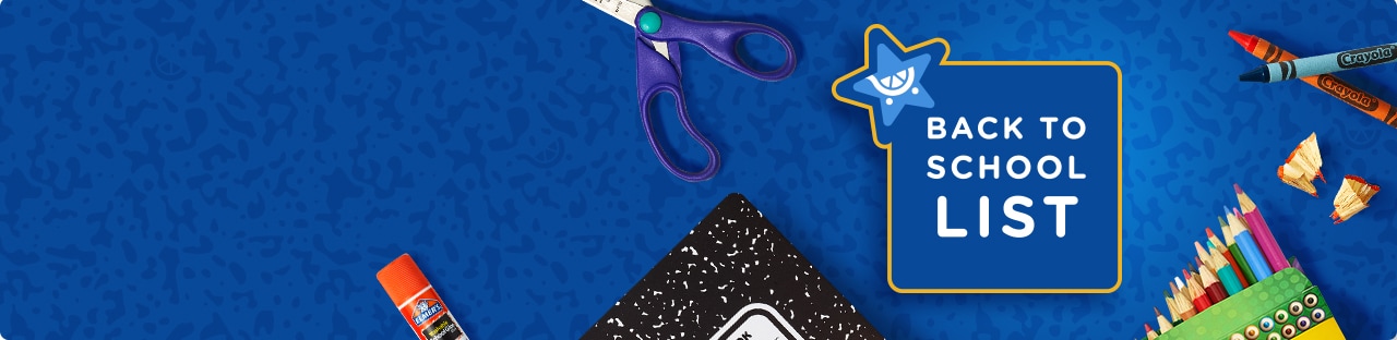 Scissors, Crayola colored pencils, crayons, a composition notebook and an Elmer's glue stick on a textured blue background.