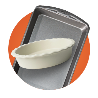 Roasting pan and ceramic pie dish.