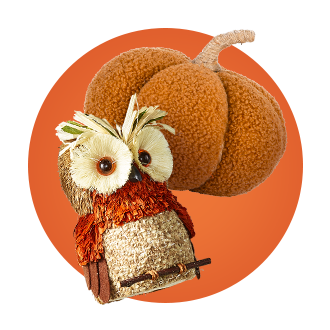 Rustic owl and felt pumpkin decorations.
