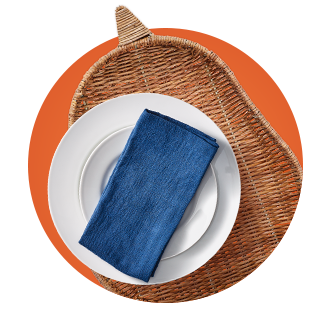 Woven serving platter, plates and napkins.