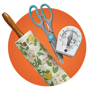 Rolling pin, kitchen shears and timer.