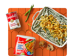 Green bean casserole, cream of mushroom soup and crispy fried onions.