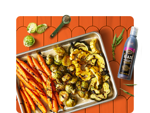 Roasted carrots and brussels sprouts and balsamic glaze.