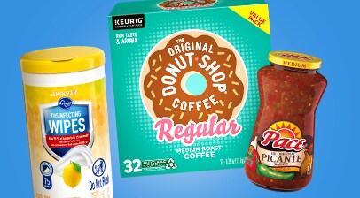Clip coupons and use up to five times on items like Kroger disinfecting wipes, Donut Shop keurig coffee cups, and Pace picante salsa.