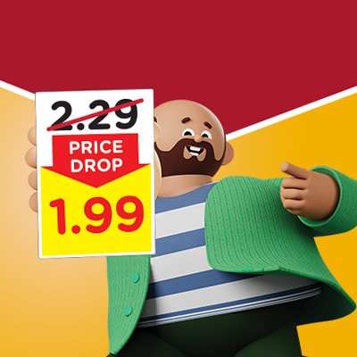 Cartoon character with price drop sign from $2.29 to $1.99 on red and yellow background — discount promotion graphic.