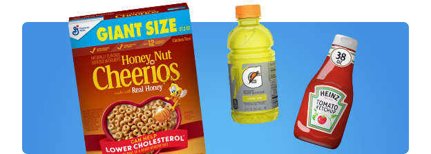 Honey Nut Cheerios Giant Size, Lemon Lime Gatorade, and Heinz Ketchup