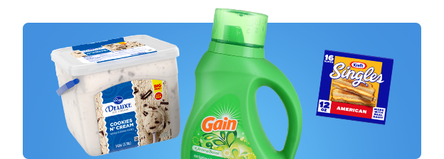 Kraft American cheese singles, Gain laundry detergent and Kroger Deluxe Cookies N’ Cream Ice Cream.