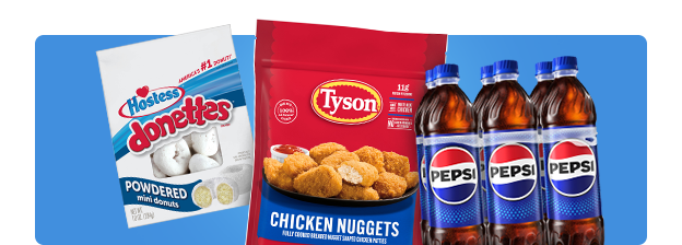 Hostess donuts next to Tyson chicken and Pepsi bottles.