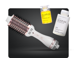 hair styling tool and product on black background