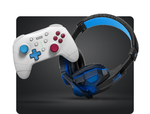 video game controller and headset on black background