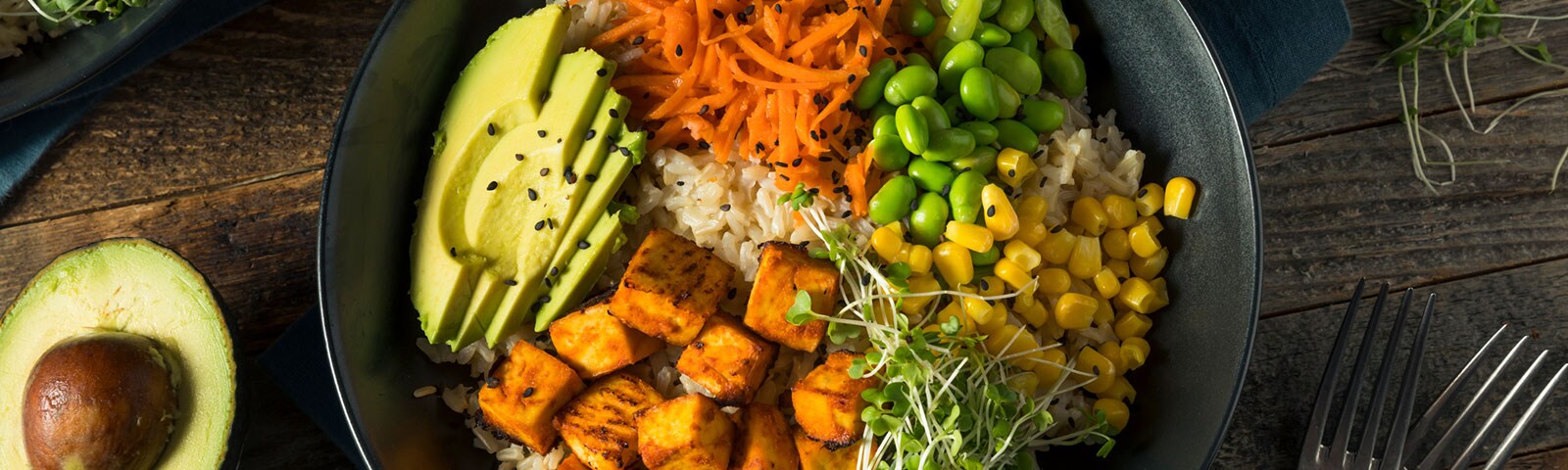 A meatless buddha bowl with tofu, carrots and avocado over rice A meatless buddha bowl with tofu, carrots and avocado over rice