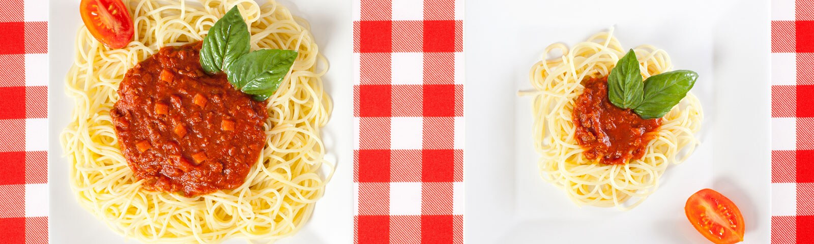 One plate with a large serving of spaghetti next to one plate with a smaller serving of spaghetti One plate with a large serving of spaghetti next to one plate with a smaller serving of spaghetti