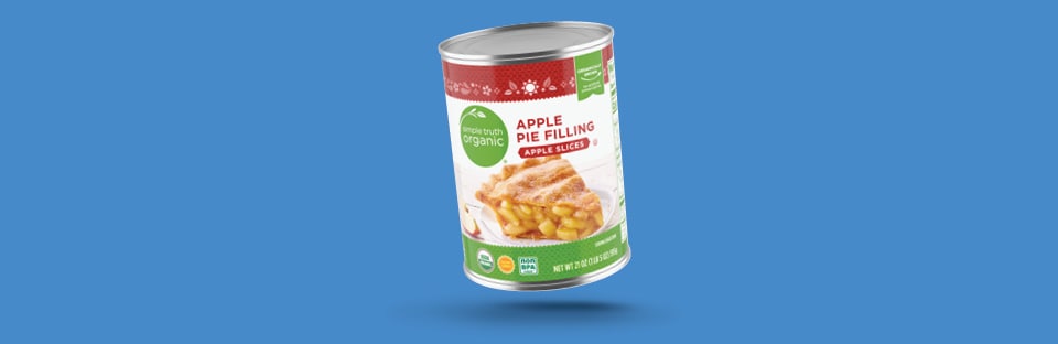 Apple Pie filling can on blue background
