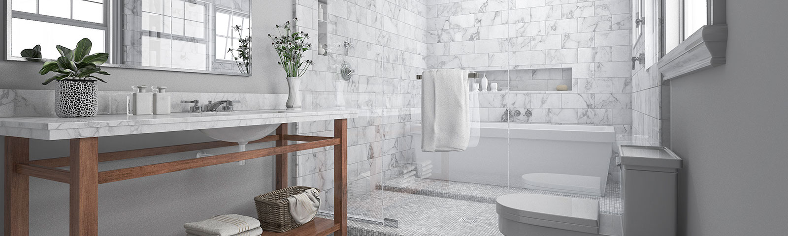 A grand, sparkling clean bathroom with white marble tiling and abundant natural light A grand, sparkling clean bathroom with white marble tiling and abundant natural light