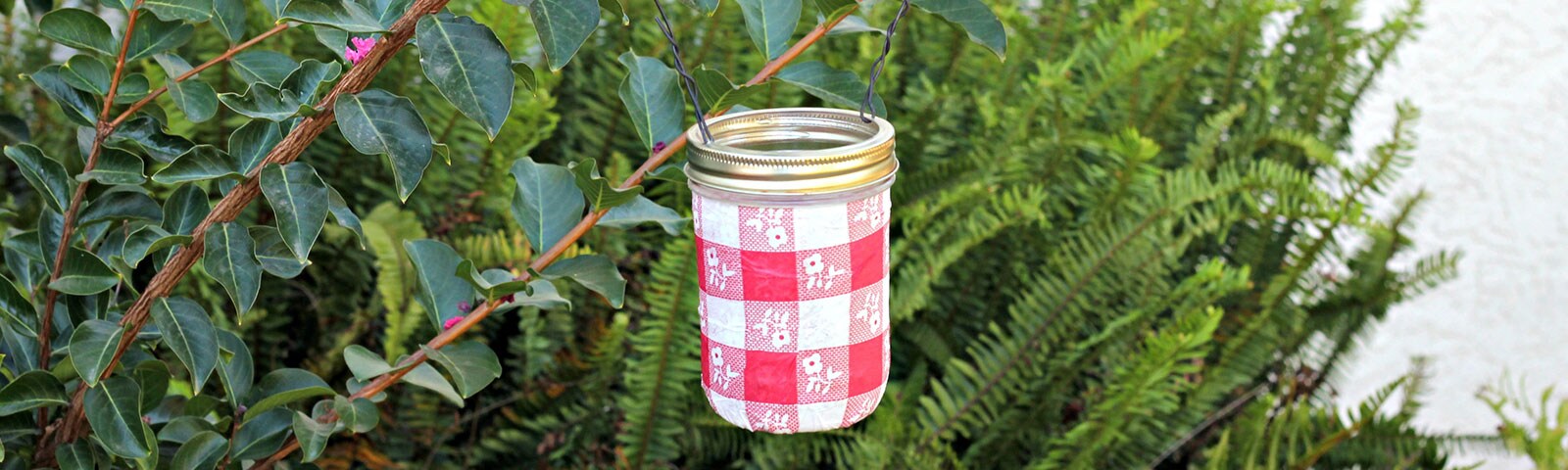 A decorated mason jar hangs from a bush with a large fern in the background A decorated mason jar hangs from a bush with a large fern in the background